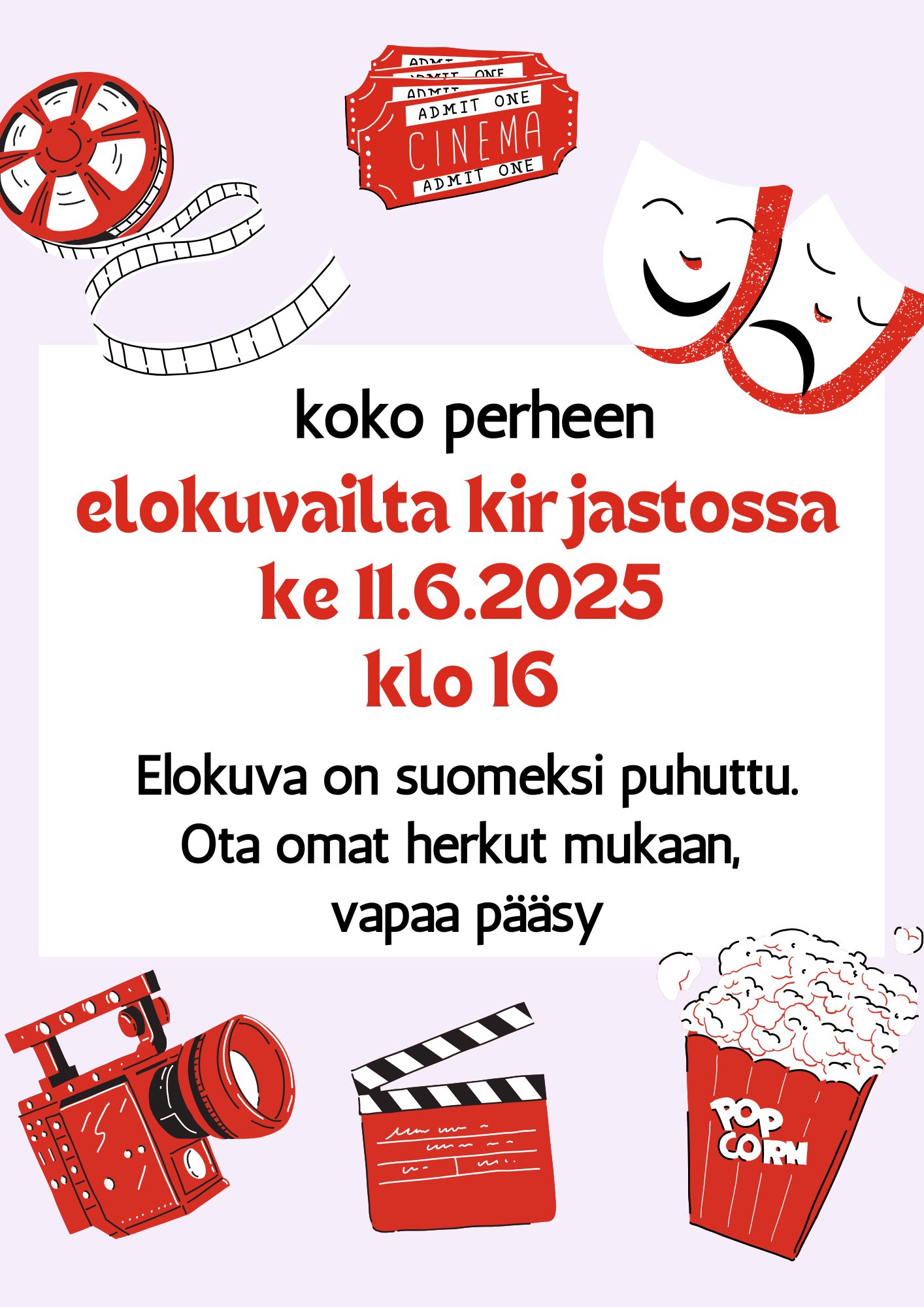 Koko perheen leffailta kirjastossa ke 11.6. klo 16 alkaen