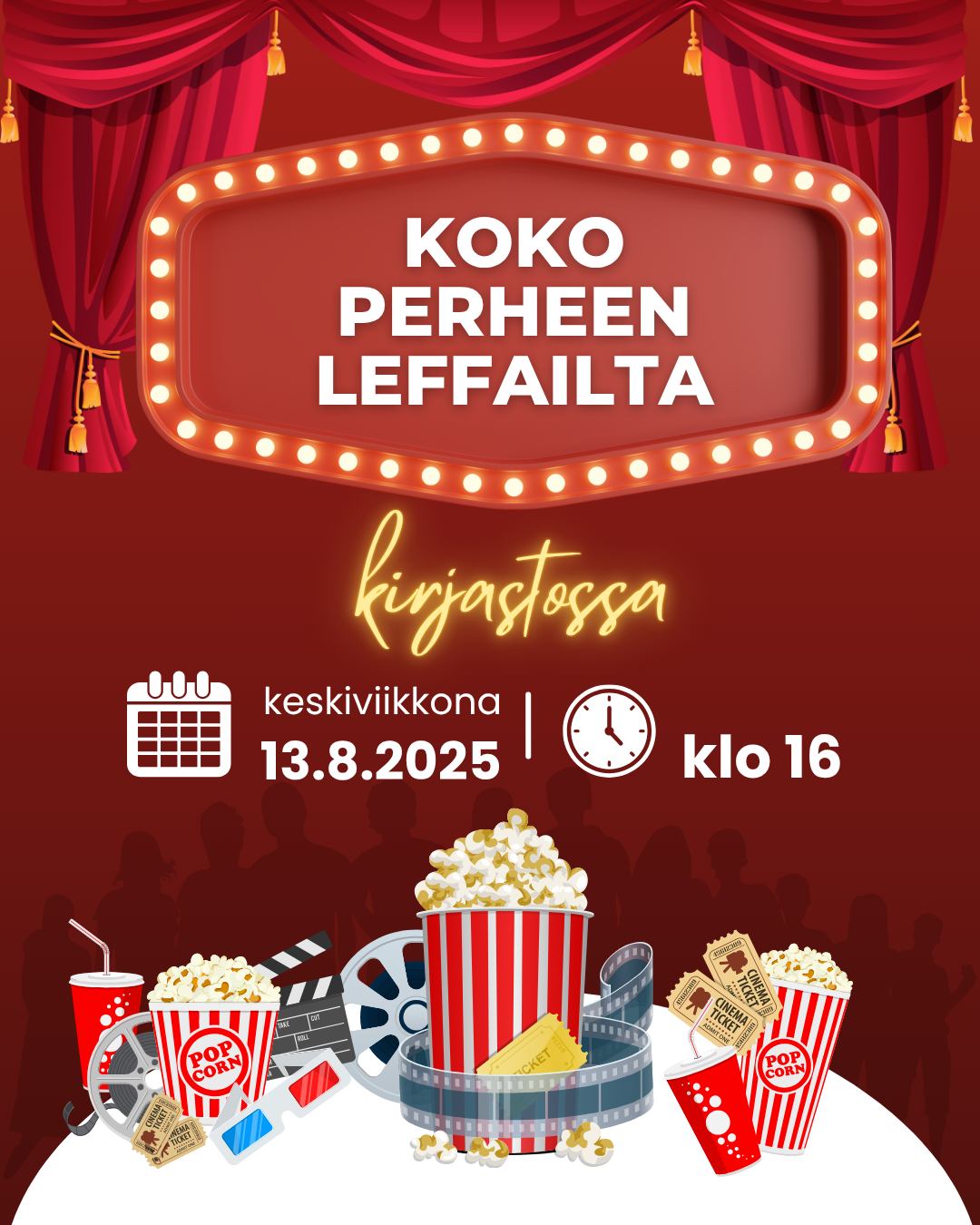 Elokuun leffailta 2025_some Koko perheen leffailta kirjastossa 13.8.2025 klo 16 alkaen