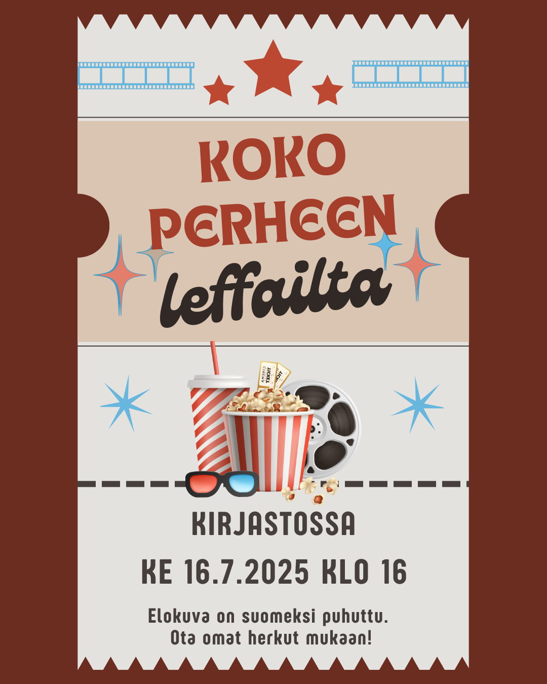 Leffailta_heinäkuu 2025_some Heinäkuun koko perheen leffailta kirjastossa 16.7. klo 16 alkaen