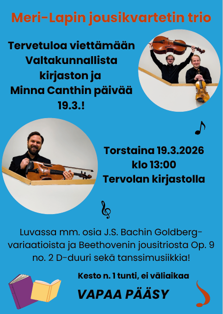 Meri-Lapin jousikvartetin konsertti kirjastossa 19.3. klo 13