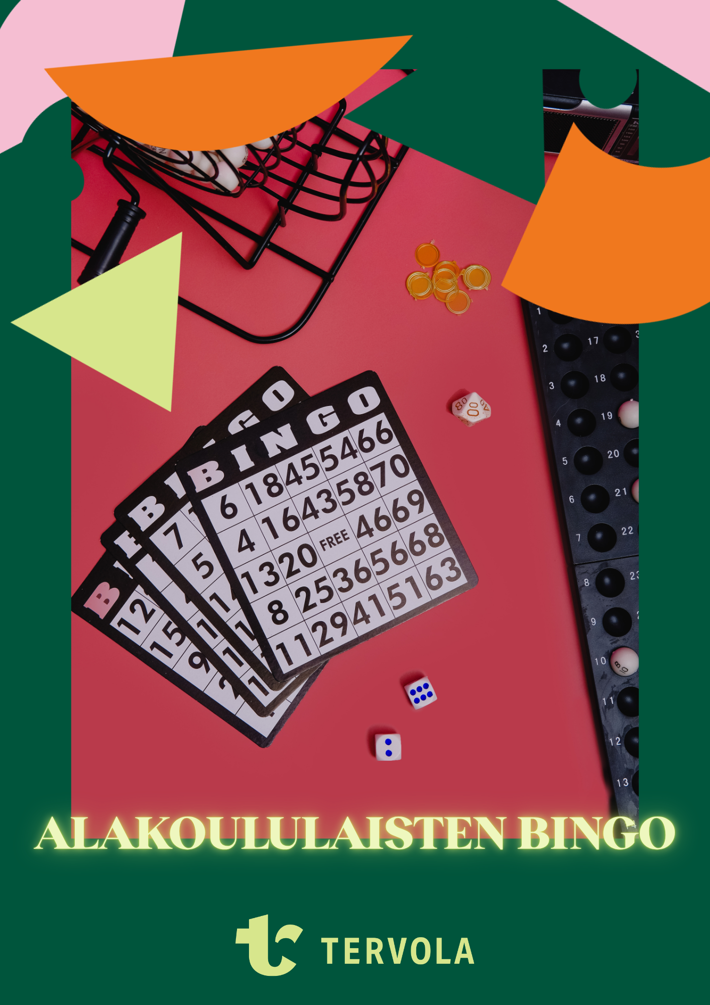 Bingokone ja -laput pöydällä