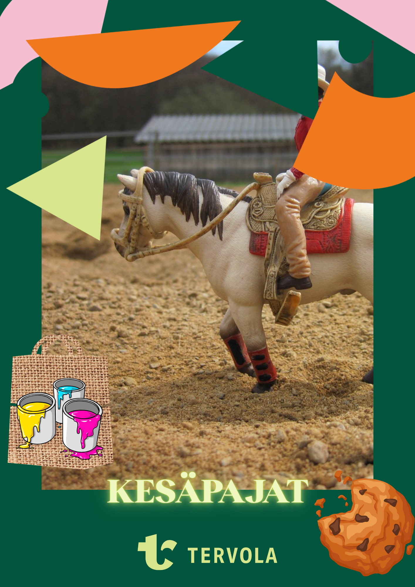 Schleich-hevonen taustalla, kuvassa kuvituksena kangaskassi ja keksi