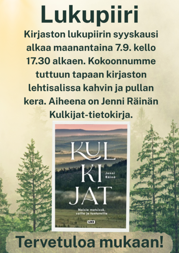 Kirjaston kaikille avoin lukupiiri kokoontuu 7.9. klo 17.30