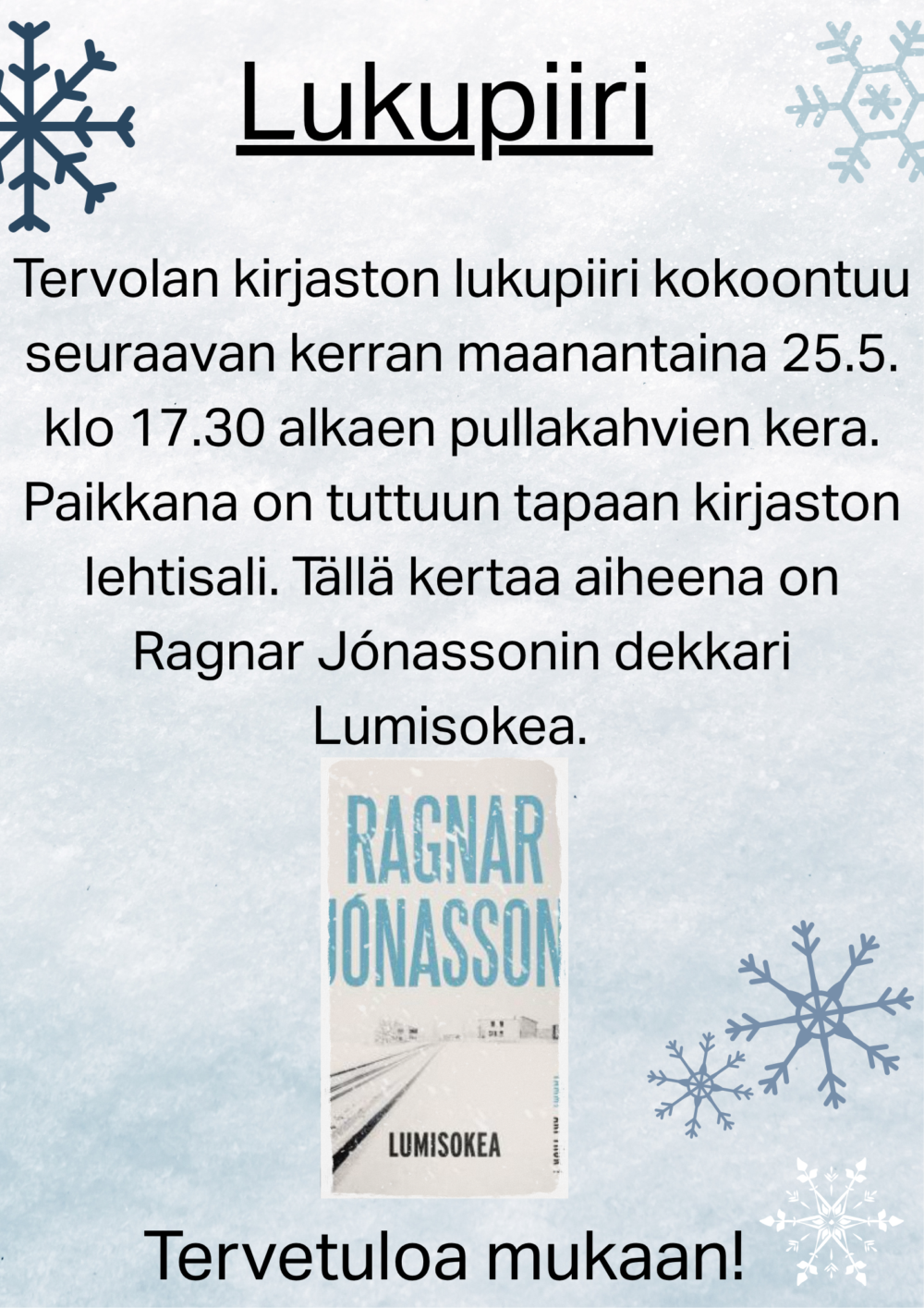 Kirjaston lukupiiri ma 25.5. klo 17.30