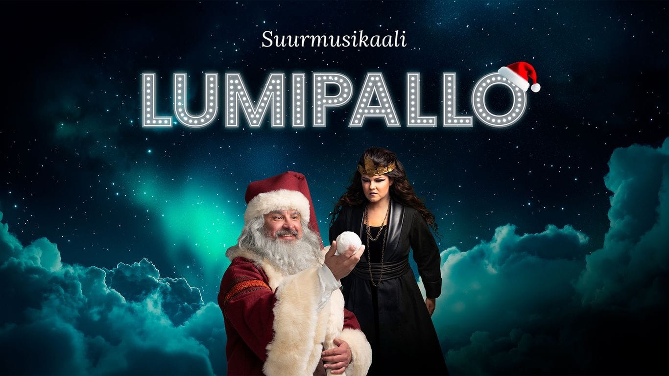 Joulupukki ja nainen, takana yötaivas. Kuvassa lukee suurella Lumipallo ja yläpuolella Suurmusikaali